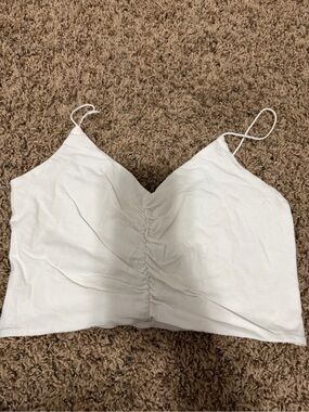 Garage White Ruched V-Neck Spaghetti Strap Crop Top